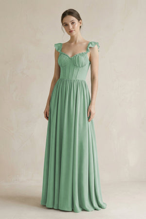 Sweetheart Chiffon Ruffled A - Line Corset Bridesmaid Dress in Sea Glass - KissProm Bridesmaid Dresses