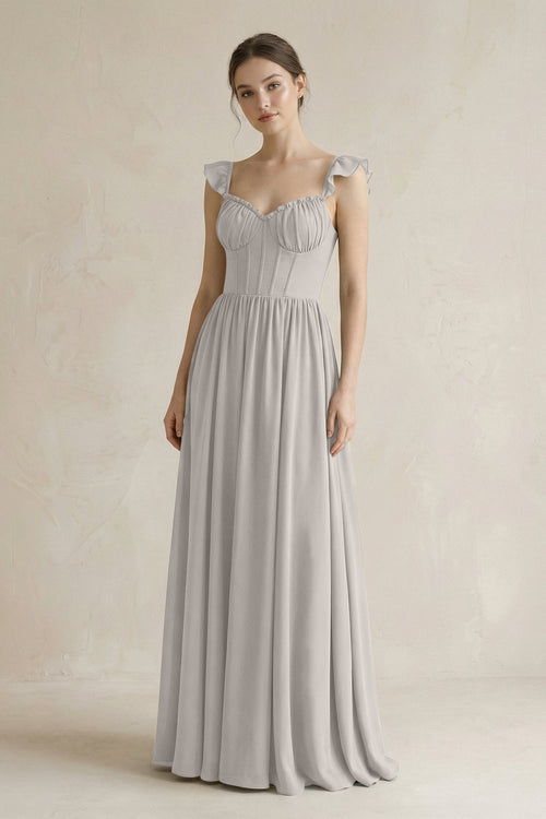 Sweetheart Chiffon Ruffled A - Line Corset Bridesmaid Dress in Silver - KissProm Bridesmaid Dresses