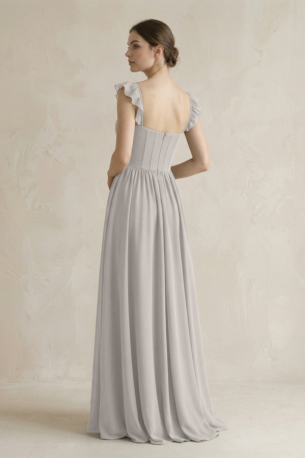 Sweetheart Chiffon Ruffled A - Line Corset Bridesmaid Dress in Silver - KissProm Bridesmaid Dresses