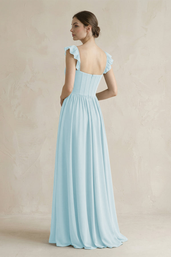 Sweetheart Chiffon Ruffled A - Line Corset Bridesmaid Dress in Sky Blue - KissProm Bridesmaid Dresses