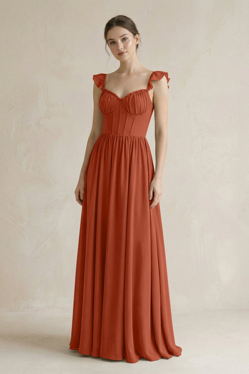 Sweetheart Chiffon Ruffled A - Line Corset Bridesmaid Dress in Spice - KissProm Bridesmaid Dresses