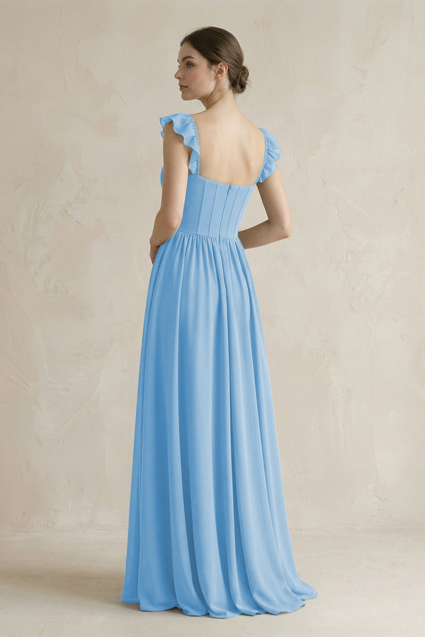 Sweetheart Chiffon Ruffled A - Line Corset Bridesmaid Dress in Steel Blue - KissProm Bridesmaid Dresses