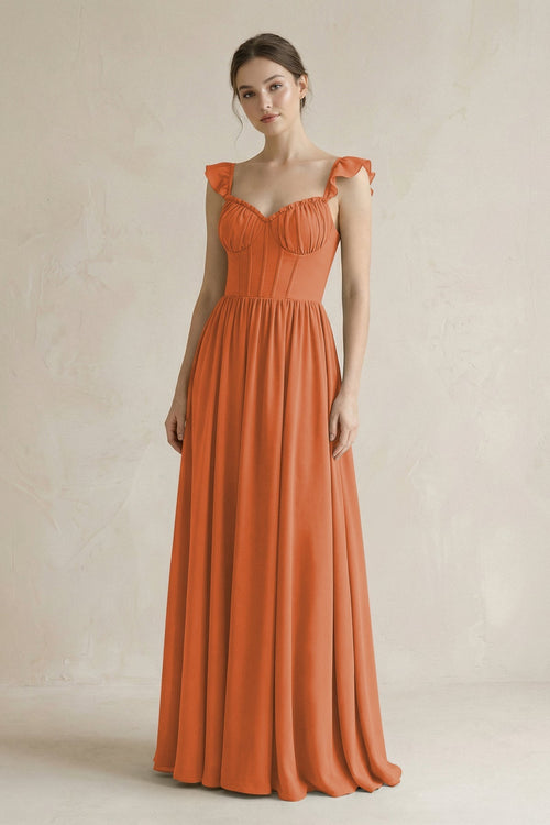 Sweetheart Chiffon Ruffled A - Line Corset Bridesmaid Dress in Terracotta - KissProm Bridesmaid Dresses