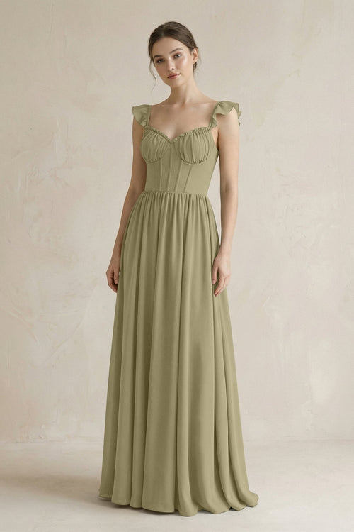 Sweetheart Chiffon Ruffled A - Line Corset Bridesmaid Dress in Thyme - KissProm Bridesmaid Dresses