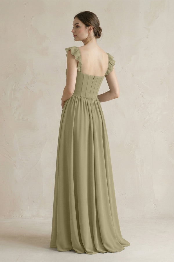 Sweetheart Chiffon Ruffled A - Line Corset Bridesmaid Dress in Thyme - KissProm Bridesmaid Dresses