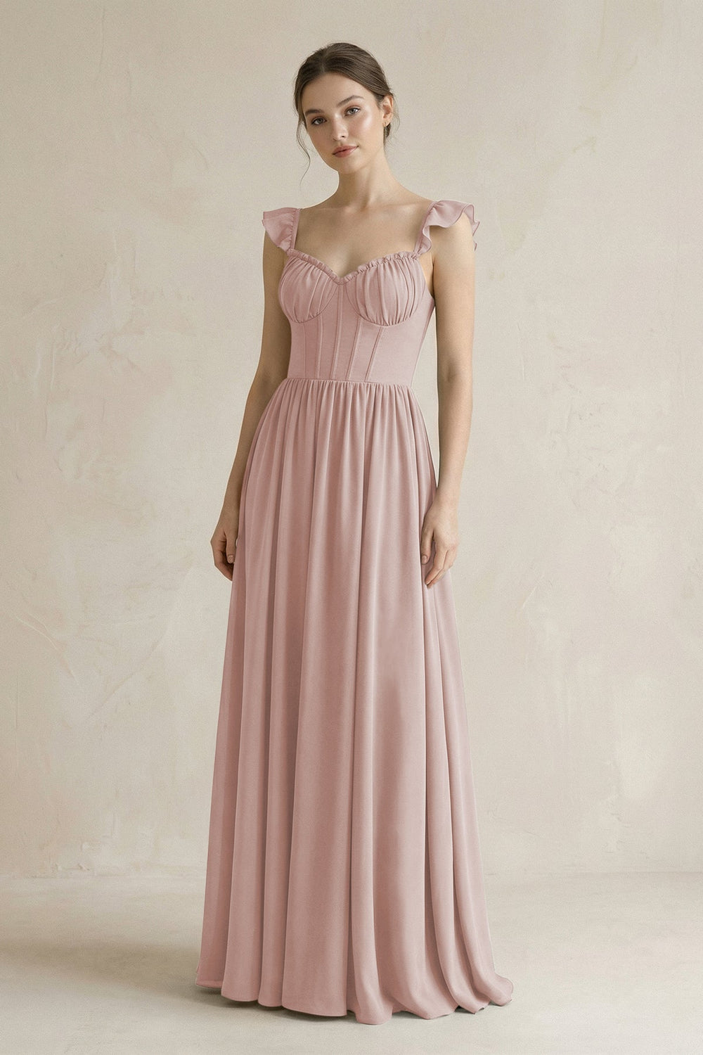 Sweetheart Chiffon Ruffled A - Line Corset Bridesmaid Dress in Toffee - KissProm Bridesmaid Dresses