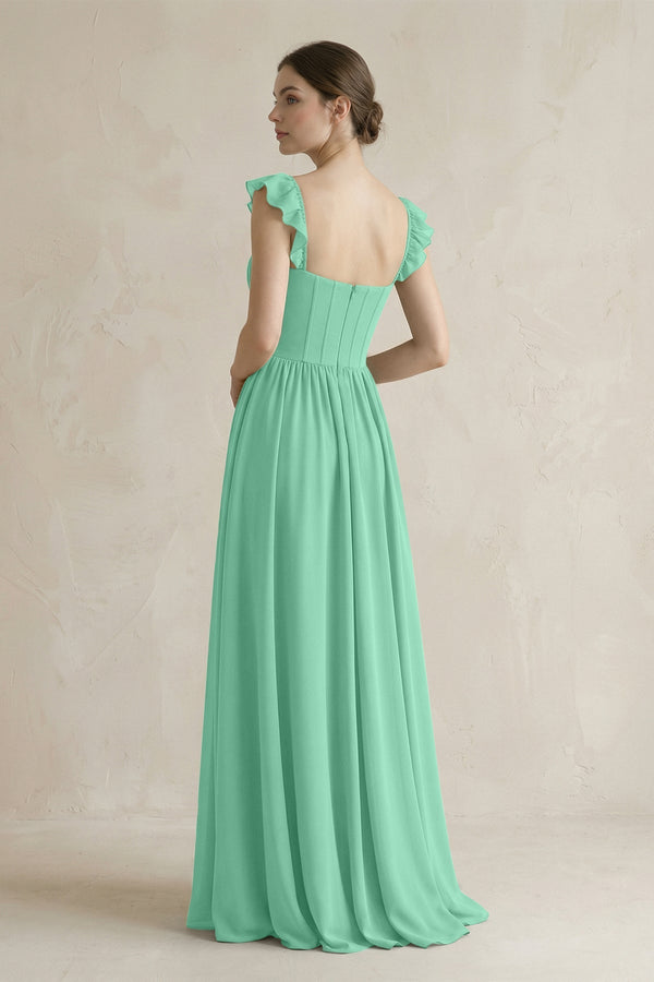 Sweetheart Chiffon Ruffled A - Line Corset Bridesmaid Dress in Turquoise - KissProm Bridesmaid Dresses