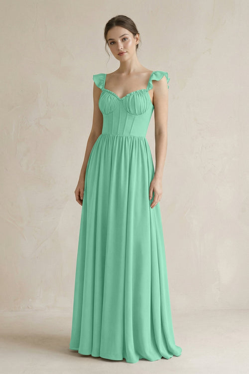 Sweetheart Chiffon Ruffled A - Line Corset Bridesmaid Dress in Turquoise - KissProm Bridesmaid Dresses