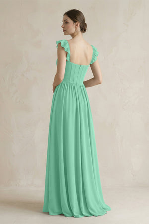 Sweetheart Chiffon Ruffled A - Line Corset Bridesmaid Dress in Turquoise - KissProm Bridesmaid Dresses