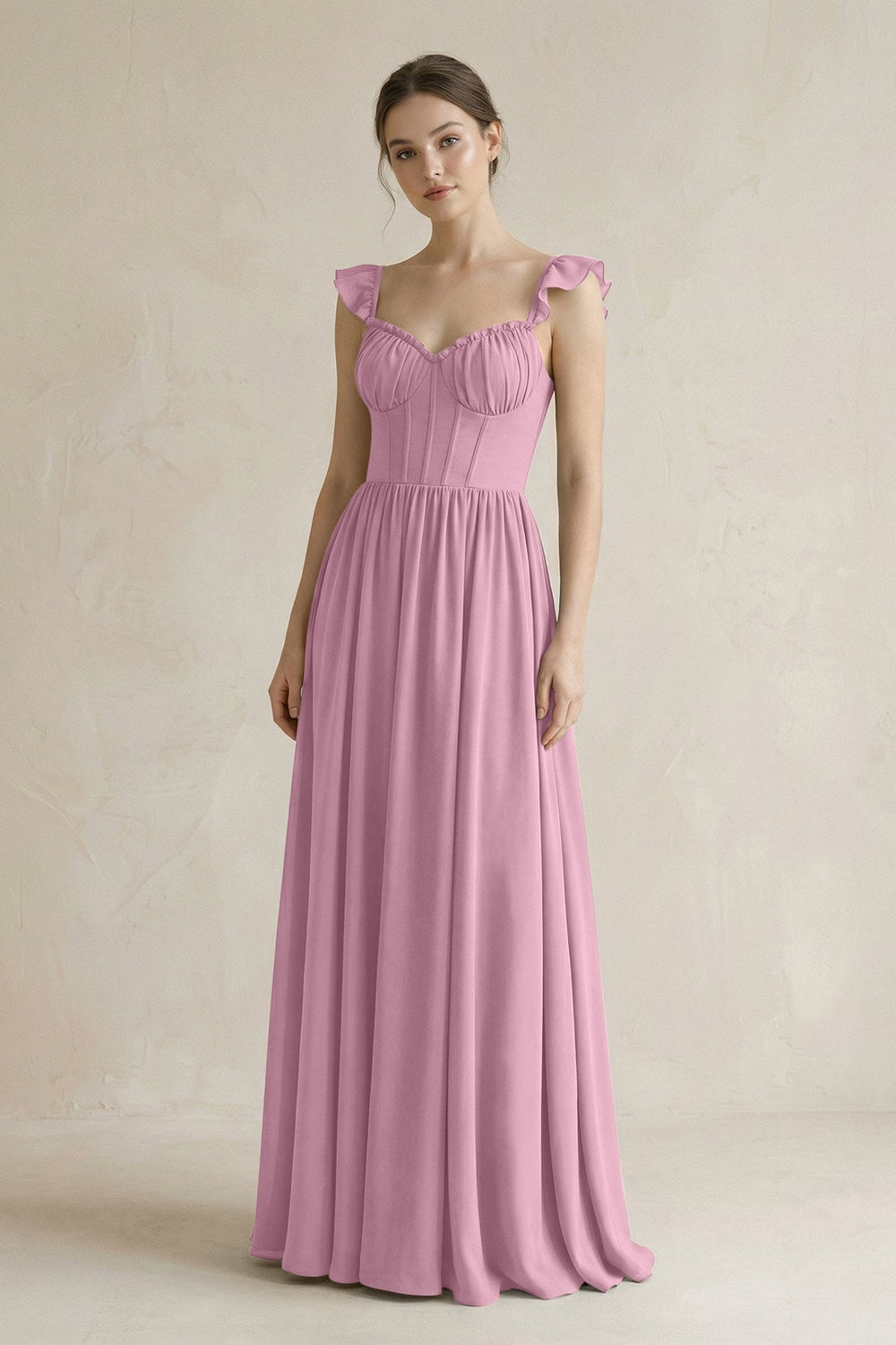 Sweetheart Chiffon Ruffled A - Line Corset Bridesmaid Dress in Vintage Mauve - KissProm Bridesmaid Dresses