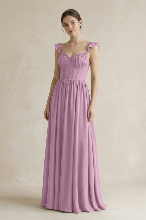Sweetheart Chiffon Ruffled A - Line Corset Bridesmaid Dress in Wisteria - KissProm Bridesmaid Dresses