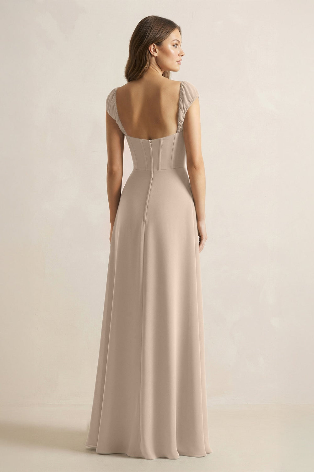 Sweetheart Corset A - Line Chiffon Bridesmaid Dress in Almond - KissProm Bridesmaid Dresses