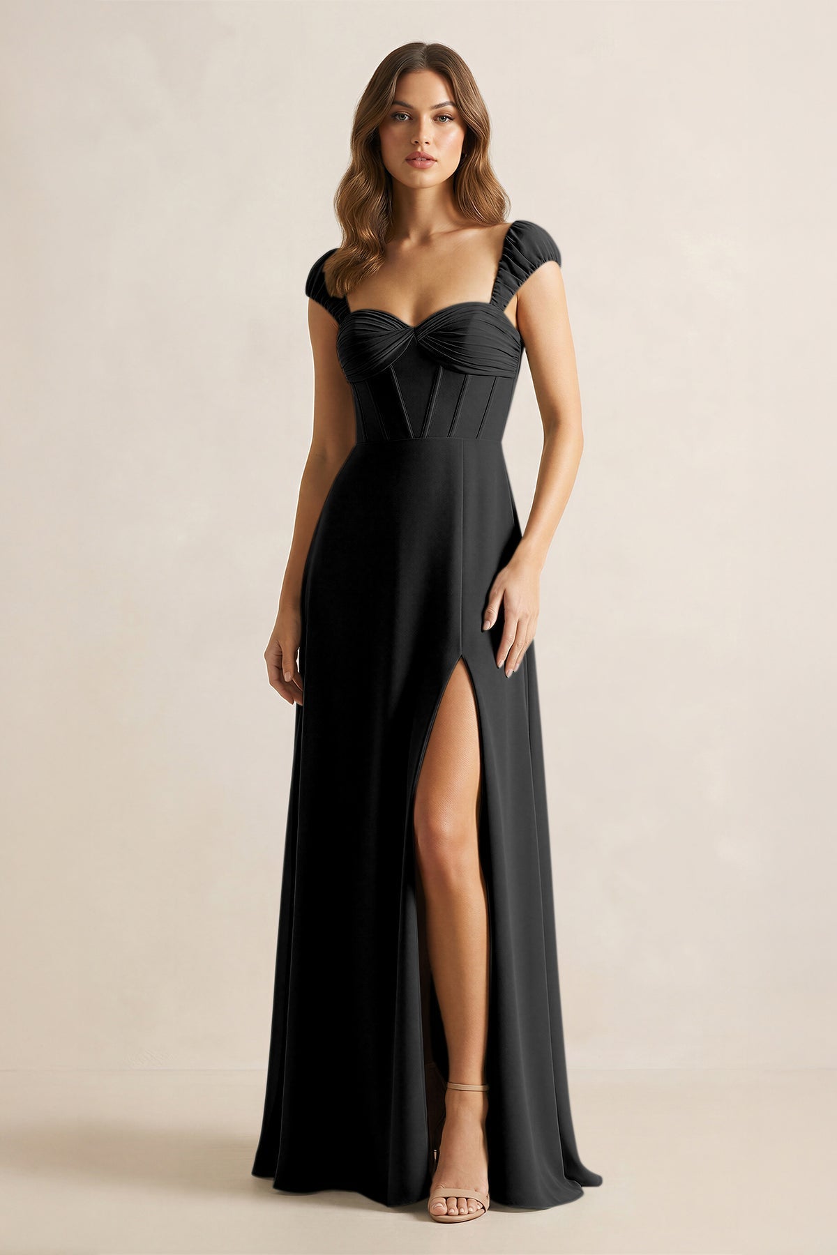 KissProm Sweetheart Corset A-Line Chiffon Bridesmaid Dress in Black, Black / 6