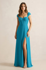 Sweetheart Corset A - Line Chiffon Bridesmaid Dress in Blue Jay - KissProm Bridesmaid Dresses