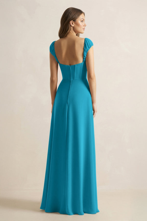 Sweetheart Corset A - Line Chiffon Bridesmaid Dress in Blue Jay - KissProm Bridesmaid Dresses