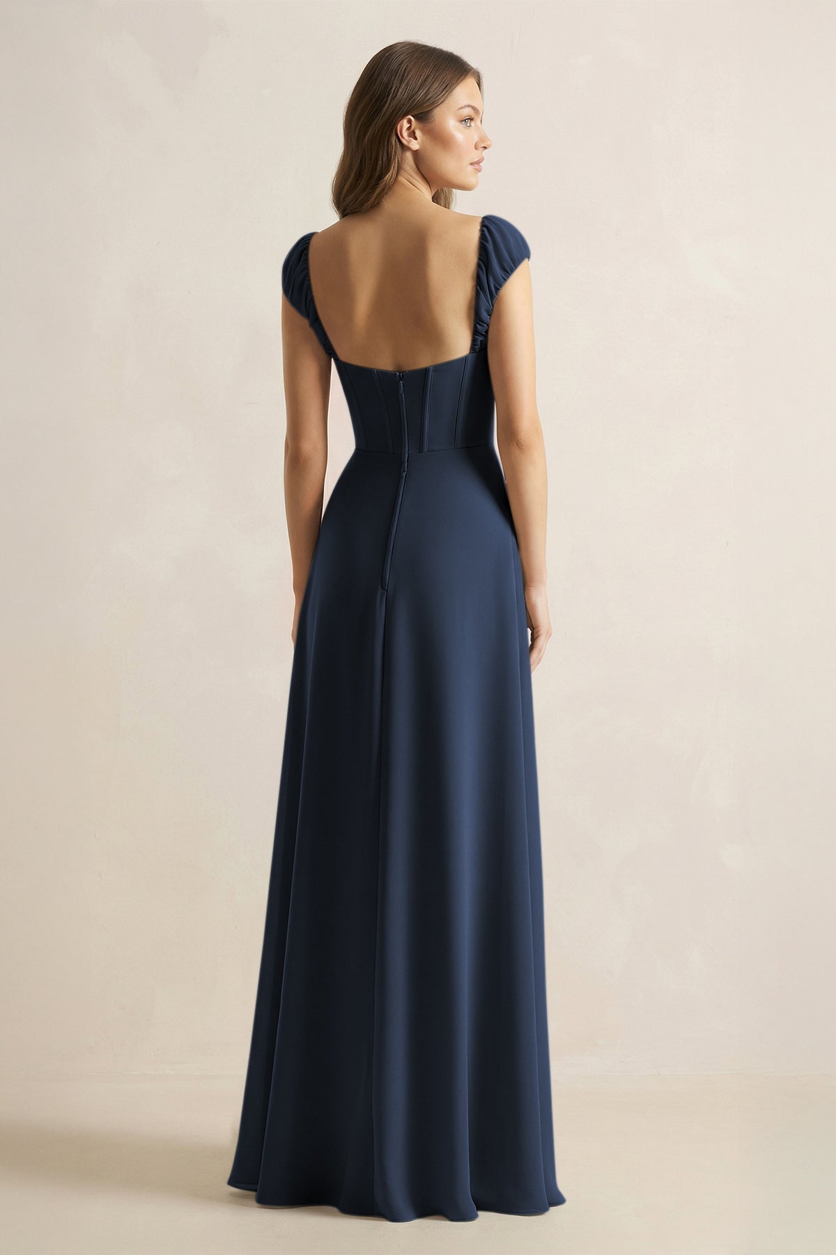 KissProm Sweetheart Corset A-Line Chiffon Bridesmaid Dress in Dark Navy, Dark Navy / Custom Size( Free )