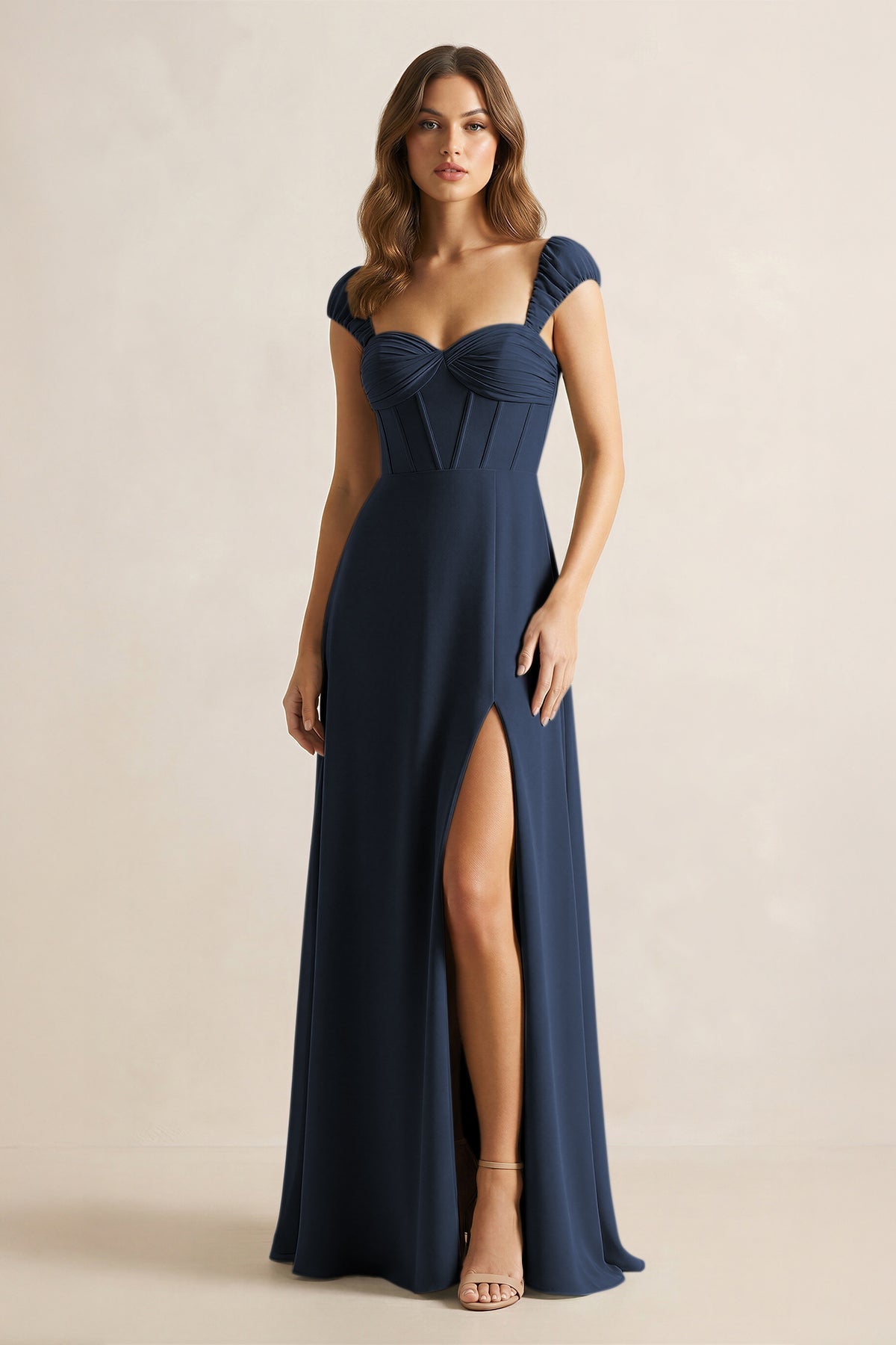 KissProm Sweetheart Corset A-Line Chiffon Bridesmaid Dress in Dark Navy, Dark Navy / Custom Size( Free )
