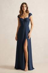 Sweetheart Corset A - Line Chiffon Bridesmaid Dress in Dark Navy - KissProm Bridesmaid Dresses
