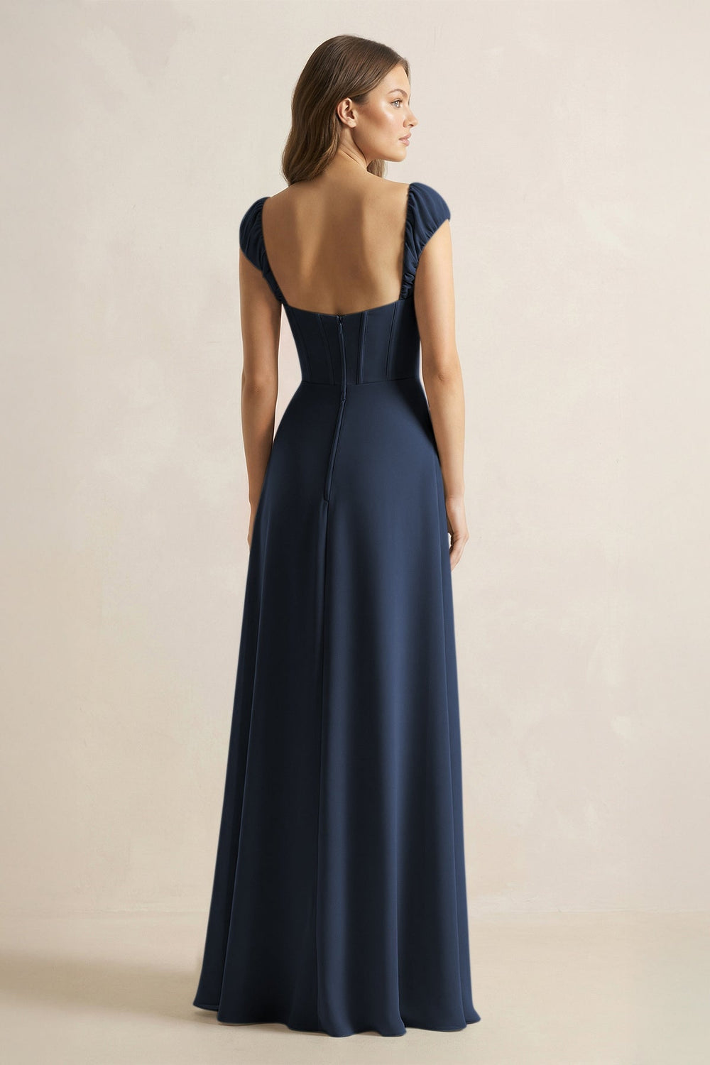 Sweetheart Corset A - Line Chiffon Bridesmaid Dress in Dark Navy - KissProm Bridesmaid Dresses