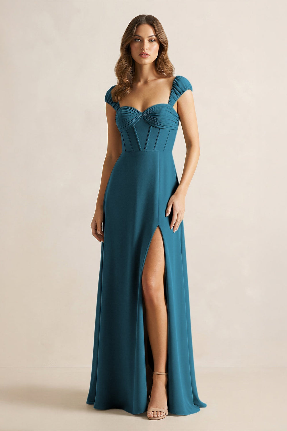 Sweetheart Corset A - Line Chiffon Bridesmaid Dress in Dark Teal - KissProm Bridesmaid Dresses