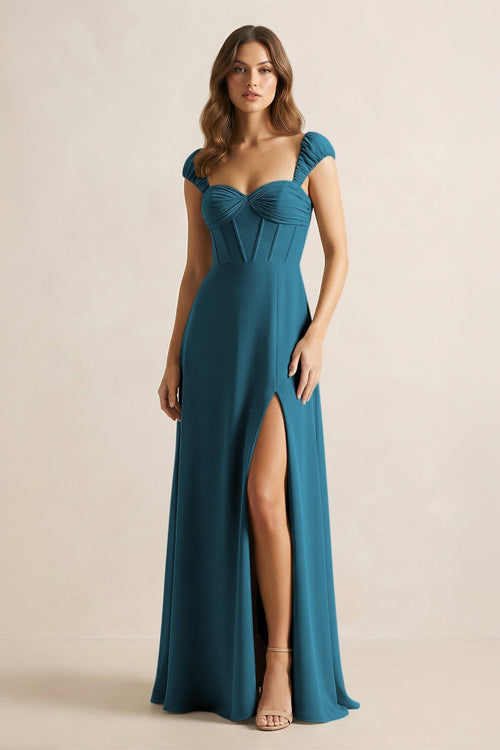Sweetheart Corset A - Line Chiffon Bridesmaid Dress in Dark Teal - KissProm Bridesmaid Dresses