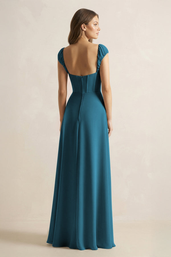 Sweetheart Corset A - Line Chiffon Bridesmaid Dress in Dark Teal - KissProm Bridesmaid Dresses