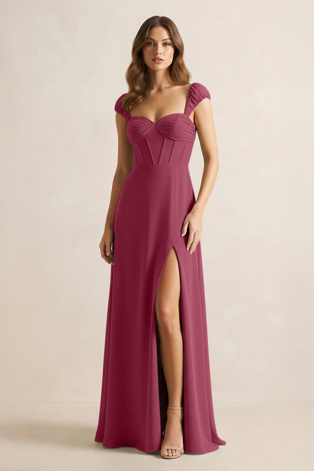 Sweetheart Corset A - Line Chiffon Bridesmaid Dress in Desert Rose - KissProm Bridesmaid Dresses