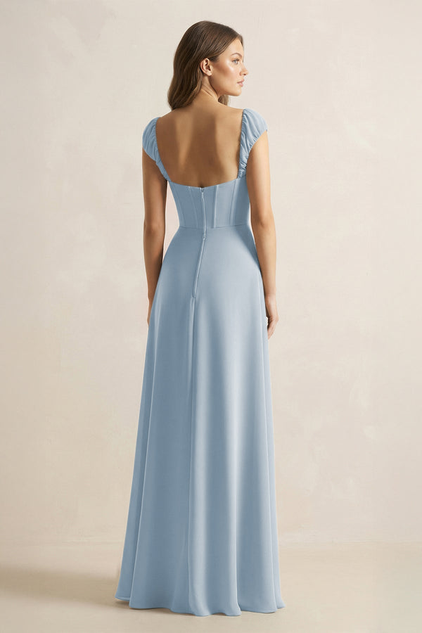 Sweetheart Corset A - Line Chiffon Bridesmaid Dress in Dusty Blue - KissProm Bridesmaid Dresses