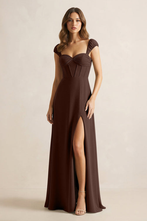 Sweetheart Corset A - Line Chiffon Bridesmaid Dress in Espresso - KissProm Bridesmaid Dresses