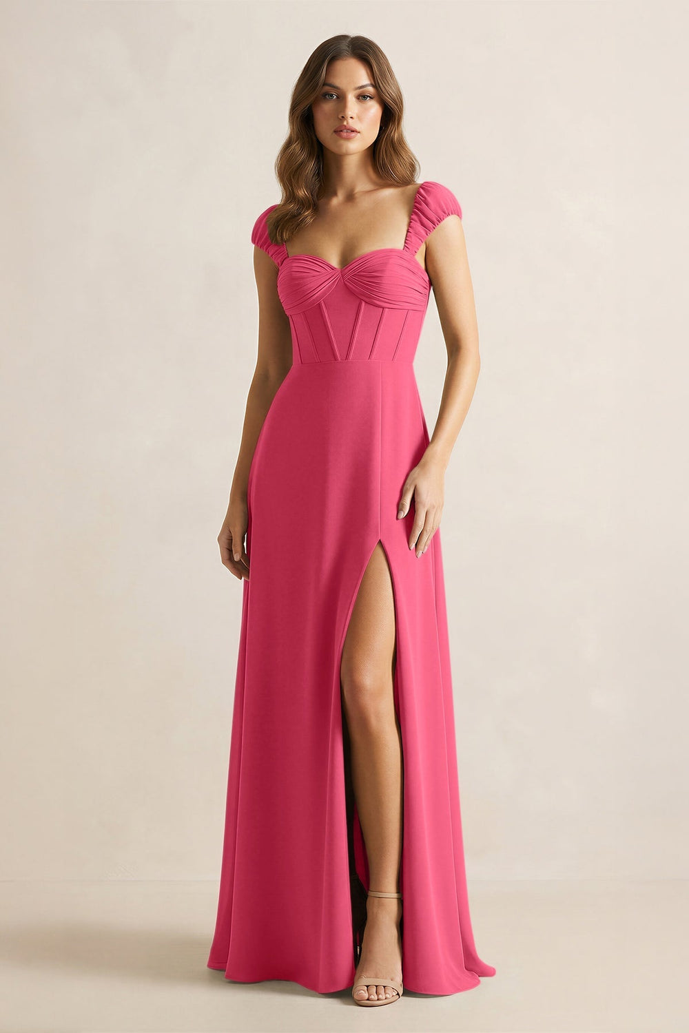 Sweetheart Corset A - Line Chiffon Bridesmaid Dress in Fuchsia - KissProm Bridesmaid Dresses