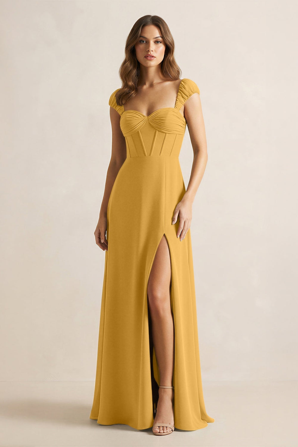 Sweetheart Corset A - Line Chiffon Bridesmaid Dress in Marigold - KissProm Bridesmaid Dresses