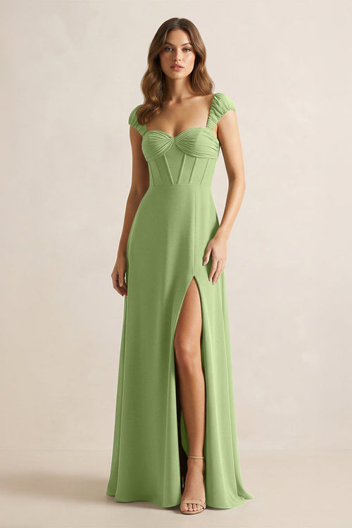 Sweetheart Corset A - Line Chiffon Bridesmaid Dress in Matcha - KissProm Bridesmaid Dresses