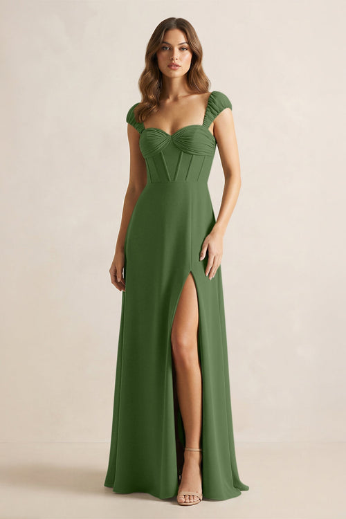 Sweetheart Corset A - Line Chiffon Bridesmaid Dress in Moss - KissProm Bridesmaid Dresses