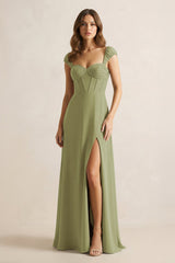 Sweetheart Corset A - Line Chiffon Bridesmaid Dress in Moss Green - KissProm Bridesmaid Dresses