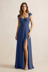 Sweetheart Corset A - Line Chiffon Bridesmaid Dress in Navy - KissProm Bridesmaid Dresses