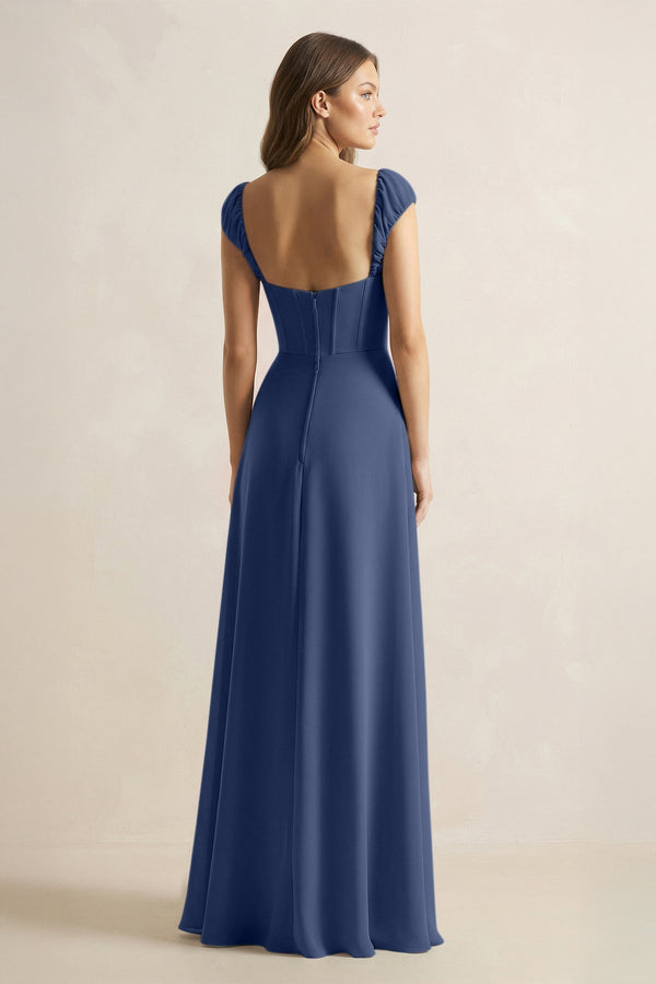 Sweetheart Corset A - Line Chiffon Bridesmaid Dress in Navy - KissProm Bridesmaid Dresses