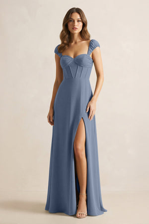 Sweetheart Corset A - Line Chiffon Bridesmaid Dress in Neptune - KissProm Bridesmaid Dresses