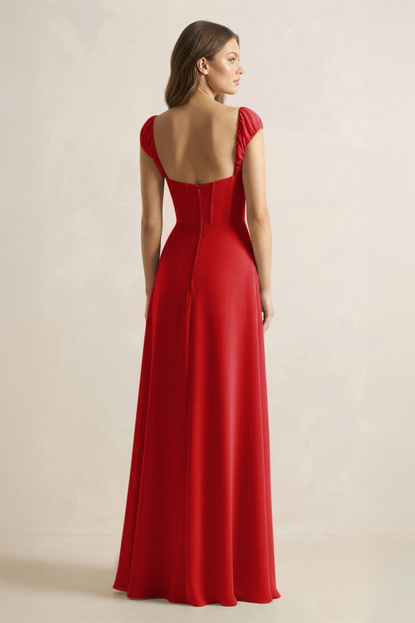 Sweetheart Corset A - Line Chiffon Bridesmaid Dress in Ruby Red - KissProm Bridesmaid Dresses