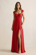 Sweetheart Corset A - Line Chiffon Bridesmaid Dress in Ruby Red - KissProm Bridesmaid Dresses