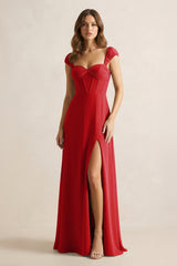 Sweetheart Corset A - Line Chiffon Bridesmaid Dress in Ruby Red - KissProm Bridesmaid Dresses