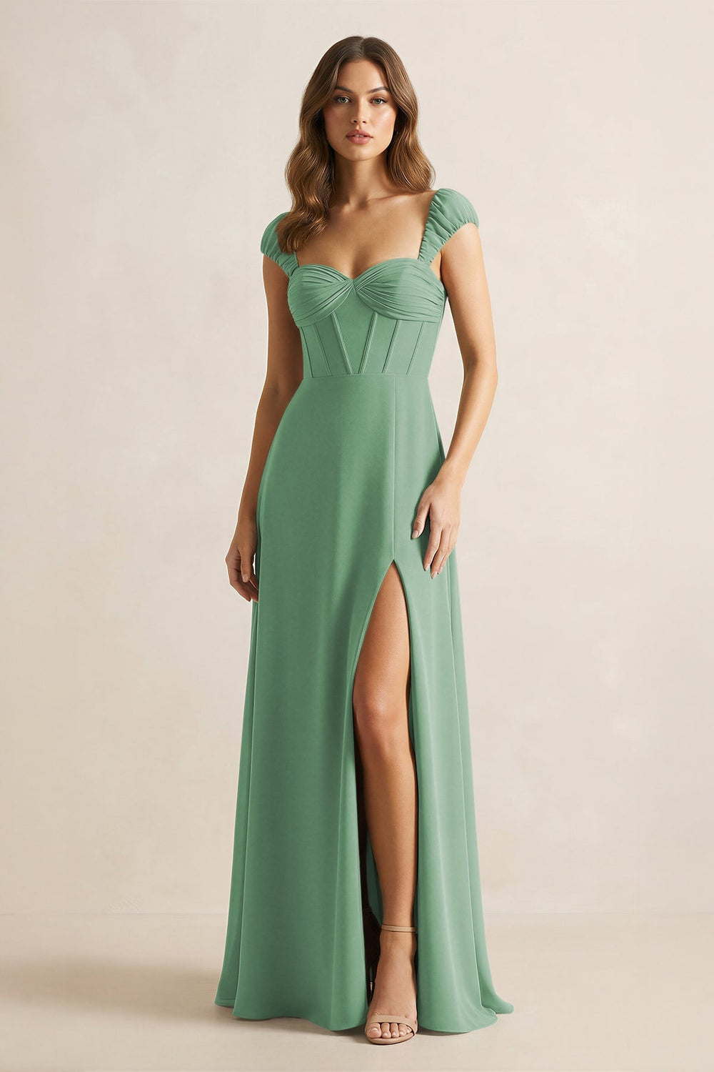 Sweetheart Corset A - Line Chiffon Bridesmaid Dress in Sea Glass - KissProm Bridesmaid Dresses