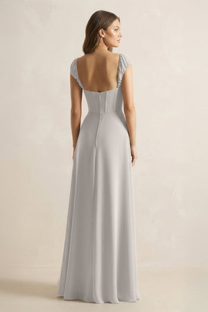 Sweetheart Corset A - Line Chiffon Bridesmaid Dress in Silver - KissProm Bridesmaid Dresses
