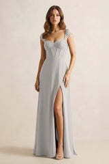 Sweetheart Corset A - Line Chiffon Bridesmaid Dress in Silver - KissProm Bridesmaid Dresses