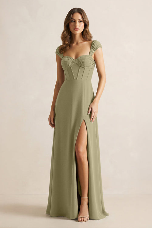 Sweetheart Corset A - Line Chiffon Bridesmaid Dress in Thyme - KissProm Bridesmaid Dresses