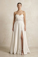 Sweetheart Corset Lace A - Line Satin Wedding Dress With Slit in White - KissProm Wedding Dresses