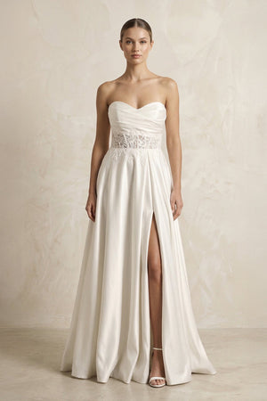 Sweetheart Corset Lace A - Line Satin Wedding Dress With Slit in White - KissProm Wedding Dresses