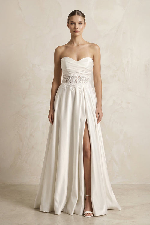 Sweetheart Corset Lace A - Line Satin Wedding Dress With Slit in White - KissProm Wedding Dresses