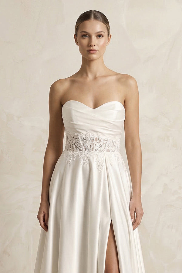 Sweetheart Corset Lace A - Line Satin Wedding Dress With Slit in White - KissProm Wedding Dresses