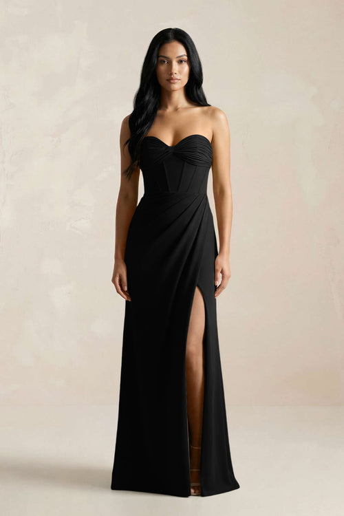 Sweetheart Corset Ruched Bridesmaid Dress in Black - KissProm Bridesmaid Dresses