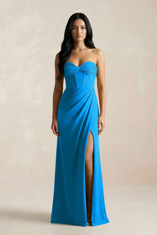 Sweetheart Corset Ruched Bridesmaid Dress in Blue Jay - KissProm Bridesmaid Dresses